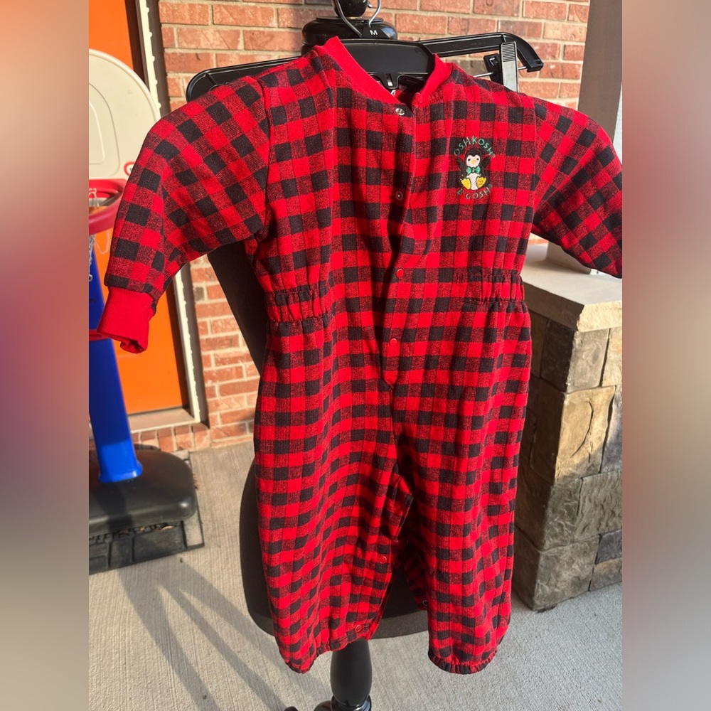Vintage Oshkosh B’Gosh 24m baby toddler red plaid jumpsuit one piece outfit